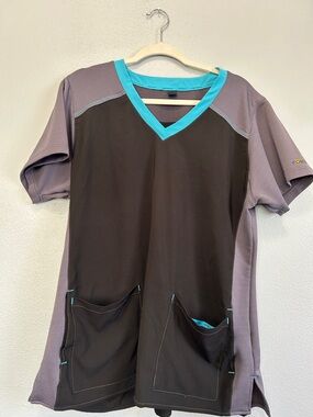 Carhartt Force Modern Fit Gray, Black with Bright Teal Trim Scrub Top Wm-XL